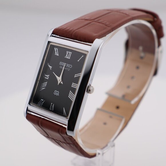 Seiko Slim Vintage Quartz Men's Wrist Watch Black Dial with new Camel Strap - Picture 4 of 6